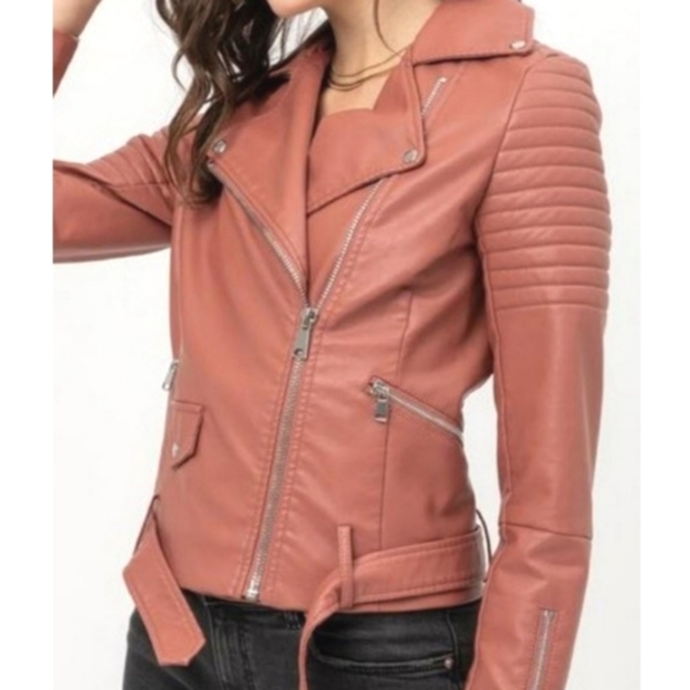 Blush Pink Faux Leather Moto Jacket, Asymmetrical Zip Biker Jacket, New with Tag